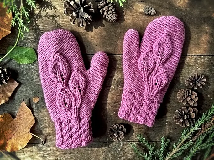 Leaf mittens knitting pattern textured leaf panel winter mitts