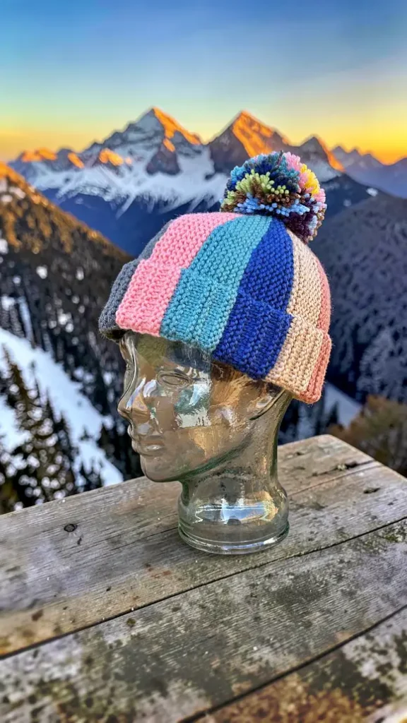 Free scrap yarn bobble beanie knitting pattern shown on glass mannequin head