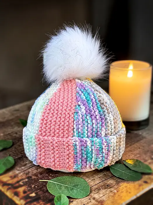 Child size scrap yarn bobble beanie