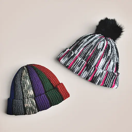 Free knitting pattern for Scrap Beanie fisherman hat version laid flat with bobble texture and striped colour accents