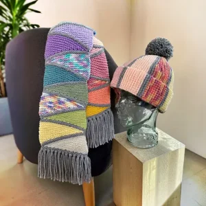 Free scrap yarn scarf and beanie knitting patterns displayed as a matching winter set