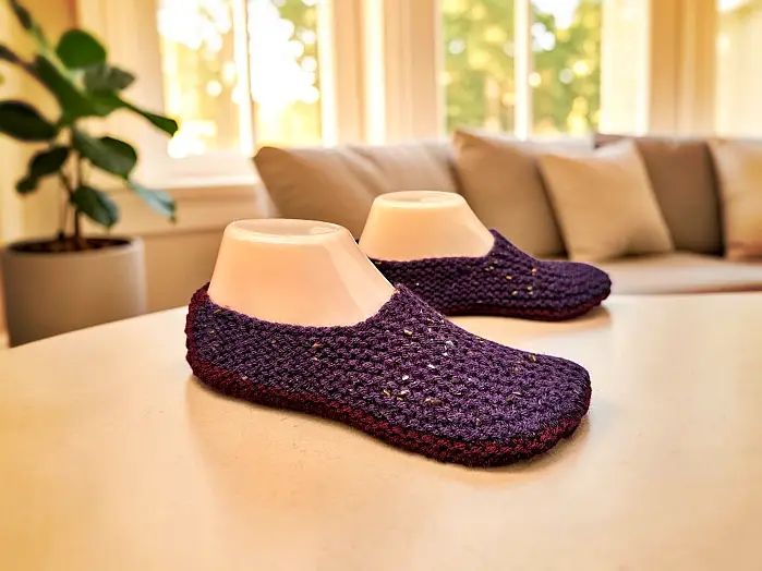 Free knit flat slipper pattern for adults with step by step photo instructions
