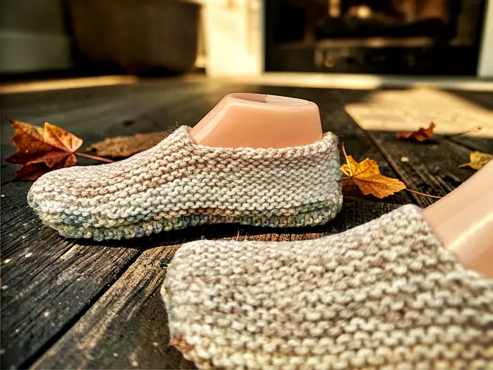 Side view of hand knitted adult slippers worked with short rows